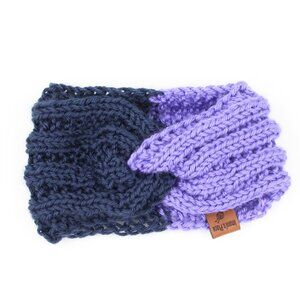 Handmade Hand Knit Acrylic Dark Blue Purple Blossom Ear Warmer Headband w Twist